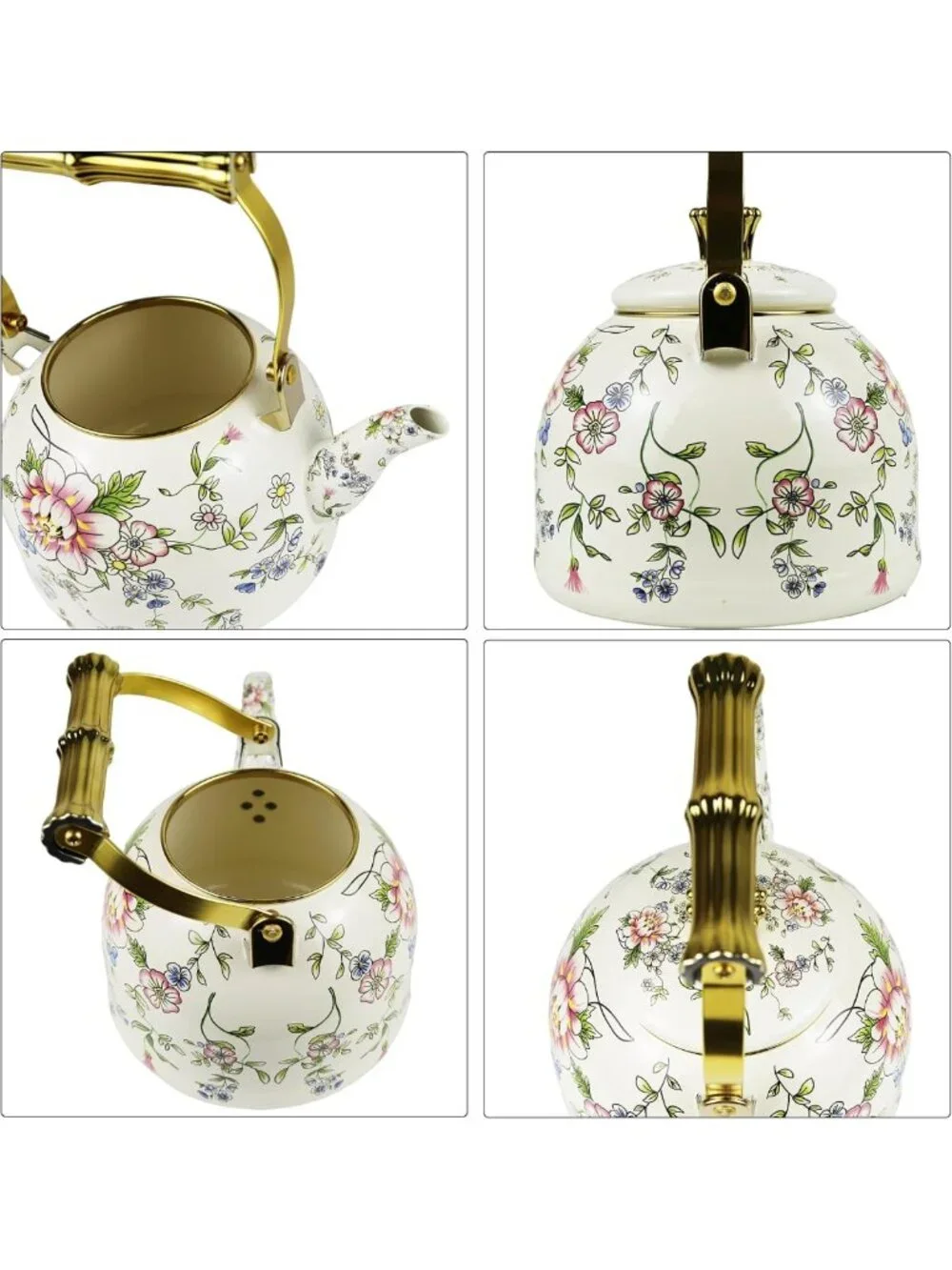 Vintage Floral Enamel Tea Kettle with Gold Handle, 2.5L Stovetop Teapot, Home